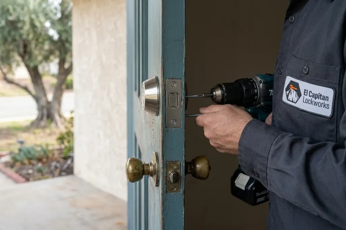 Close-up of a 1950s Fletcher Hills ranch-house front door with a new deadbolt and a strike plate set with 3-inch screws