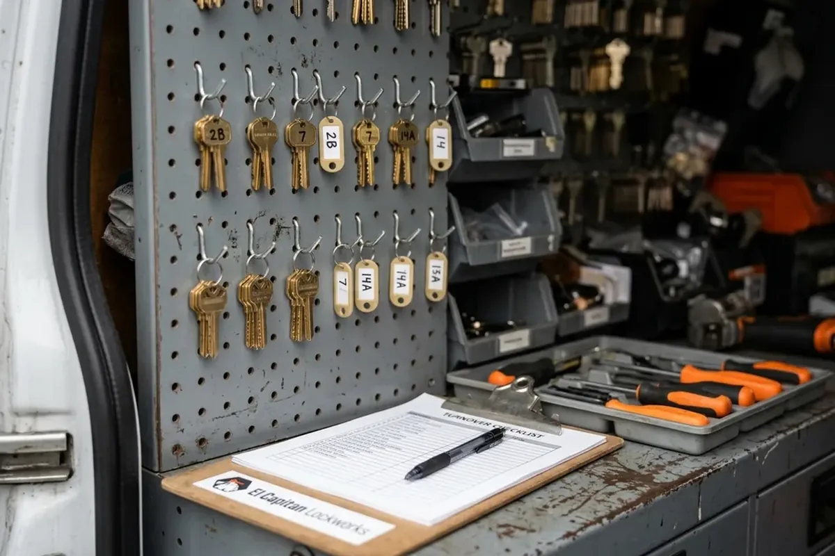 Pegboard of keyed-alike key sets tagged by unit number, next to a clipboard with a turnover sheet