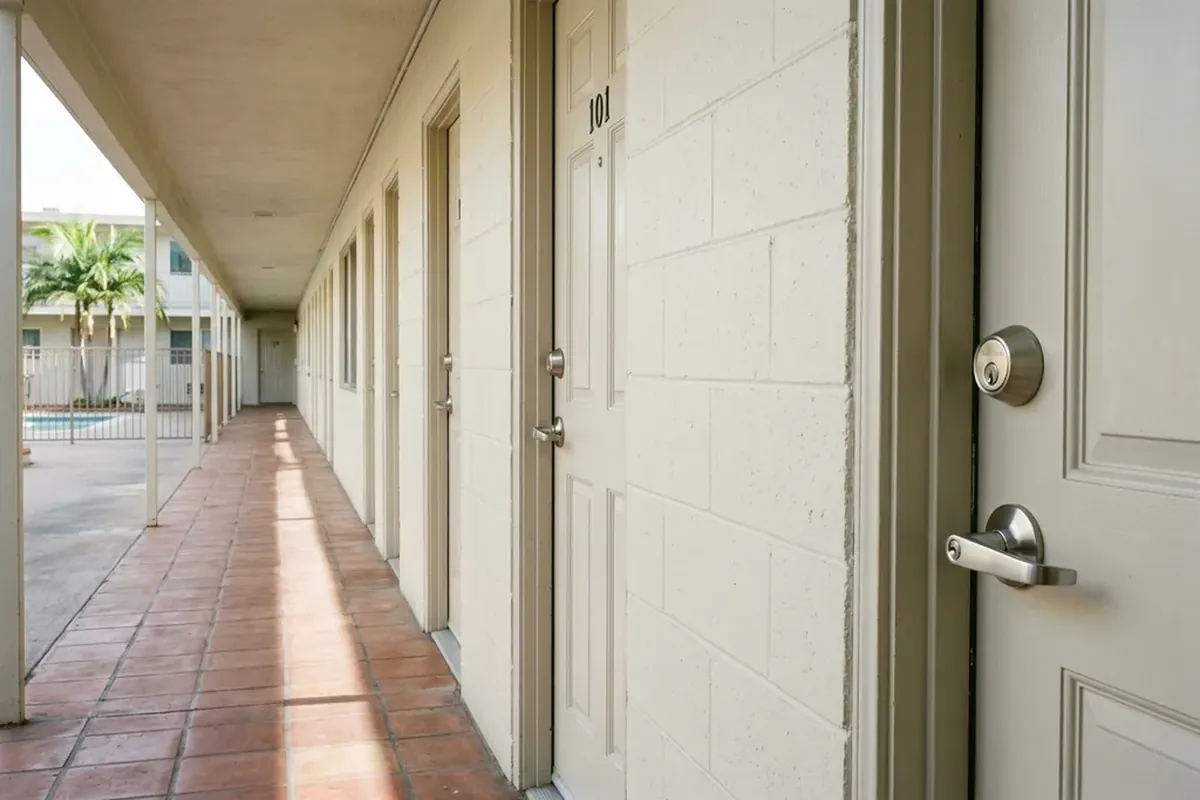 A breezeway of matching new deadbolts at a 1960s courtyard complex in Bostonia