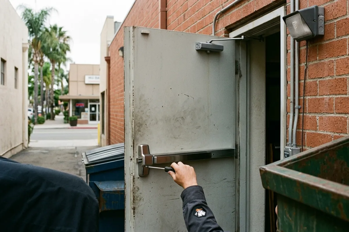Back-door hardware with a panic bar on a Main Street storefront near Prescott Promenade