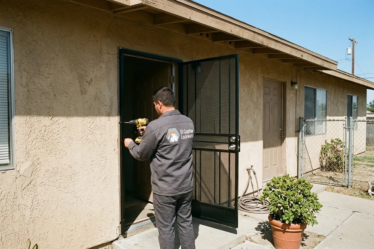 Steel security screen door being fitted onto a stucco duplex