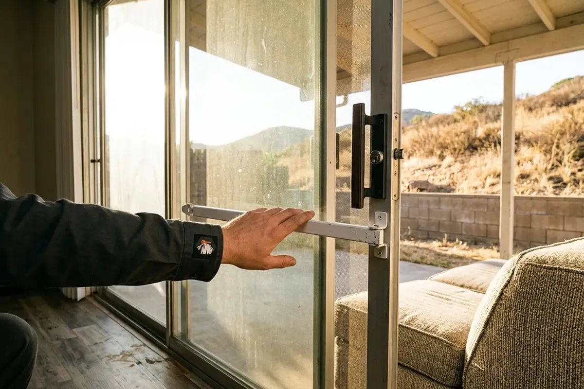 Sliding patio door with an added secondary lock and a charley bar on a Granite Hills ranch house